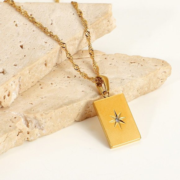 Star Zircon PVD 18K Gold Plated Rectangle Pendant Necklace Stainless Ste… - Picture 2 of 9